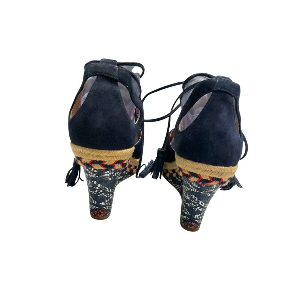 Cabi Navy Blue Lace Up Tassel Wedge Espadrille‎ Sandals Women's 8.5M Boho Summer